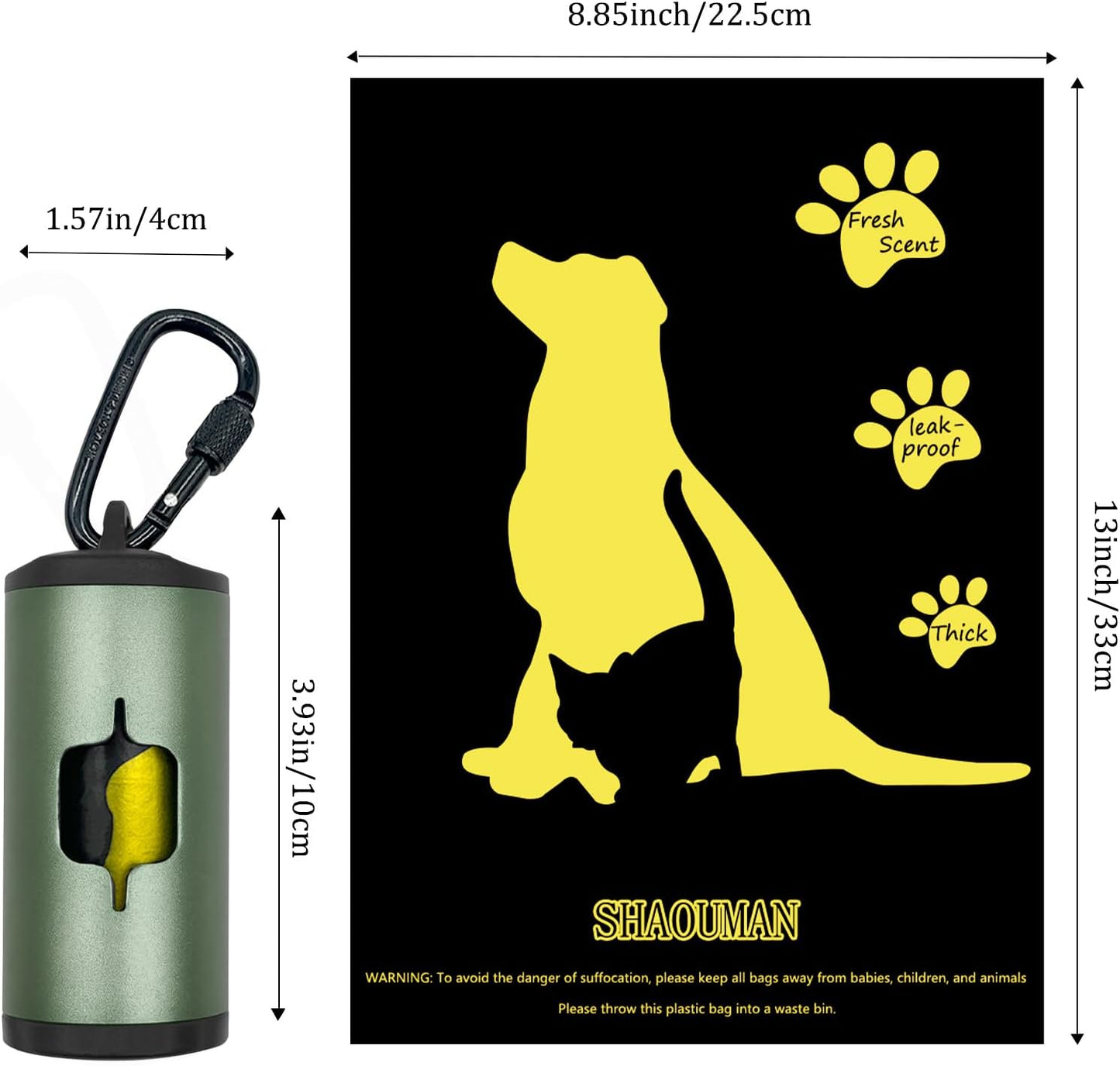 Metal Dog Poop Bag Holder W/Leash Clip|Durable Scratch-Resistant Aluminum|15 Bags+3 Accessories(Drak Green)