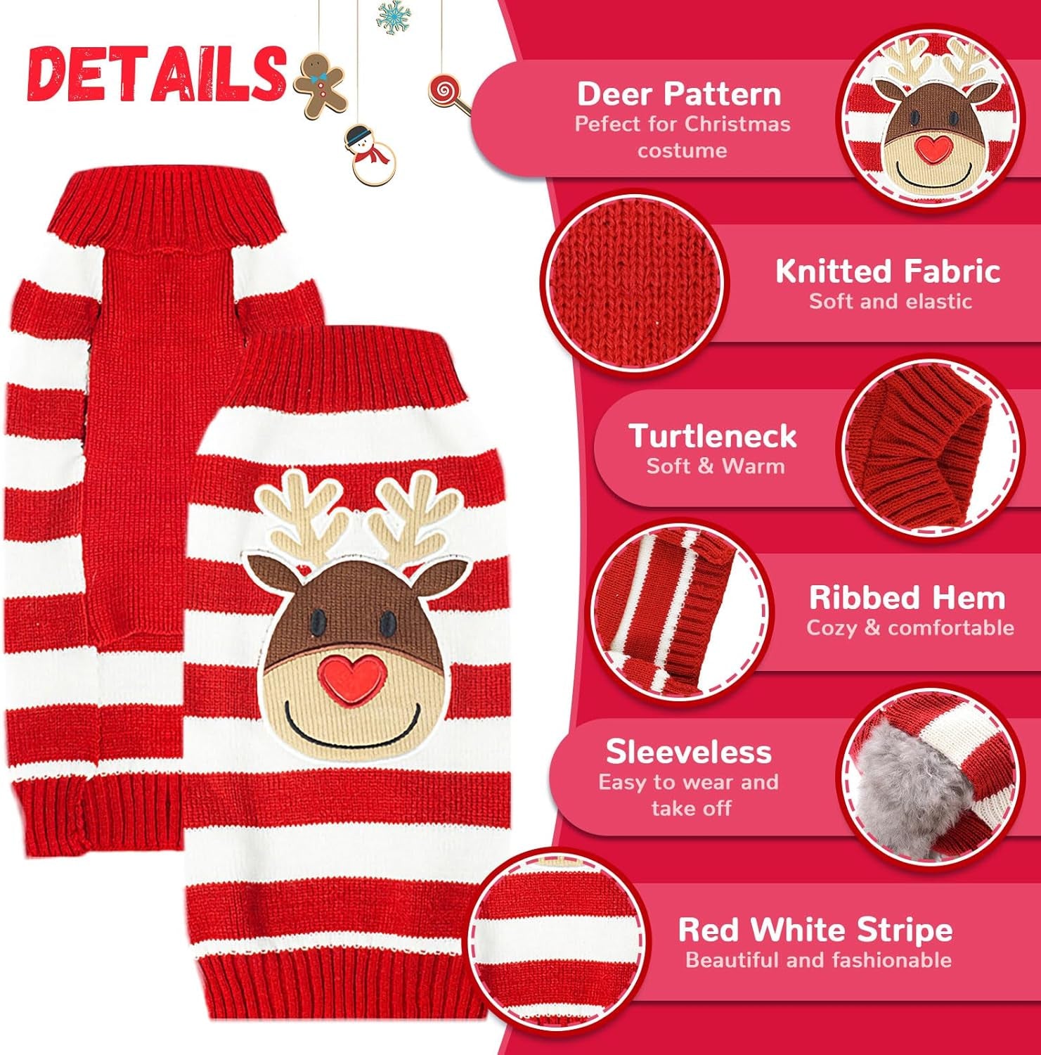Dog Christmas Sweater Cute Striped Reindeer Xmas Pet Clothes Holiday Puppy Cat Costume New Year Gifts for Small Medium Large Dogs Jumpers (XS, Red White Stripe Reindeer)