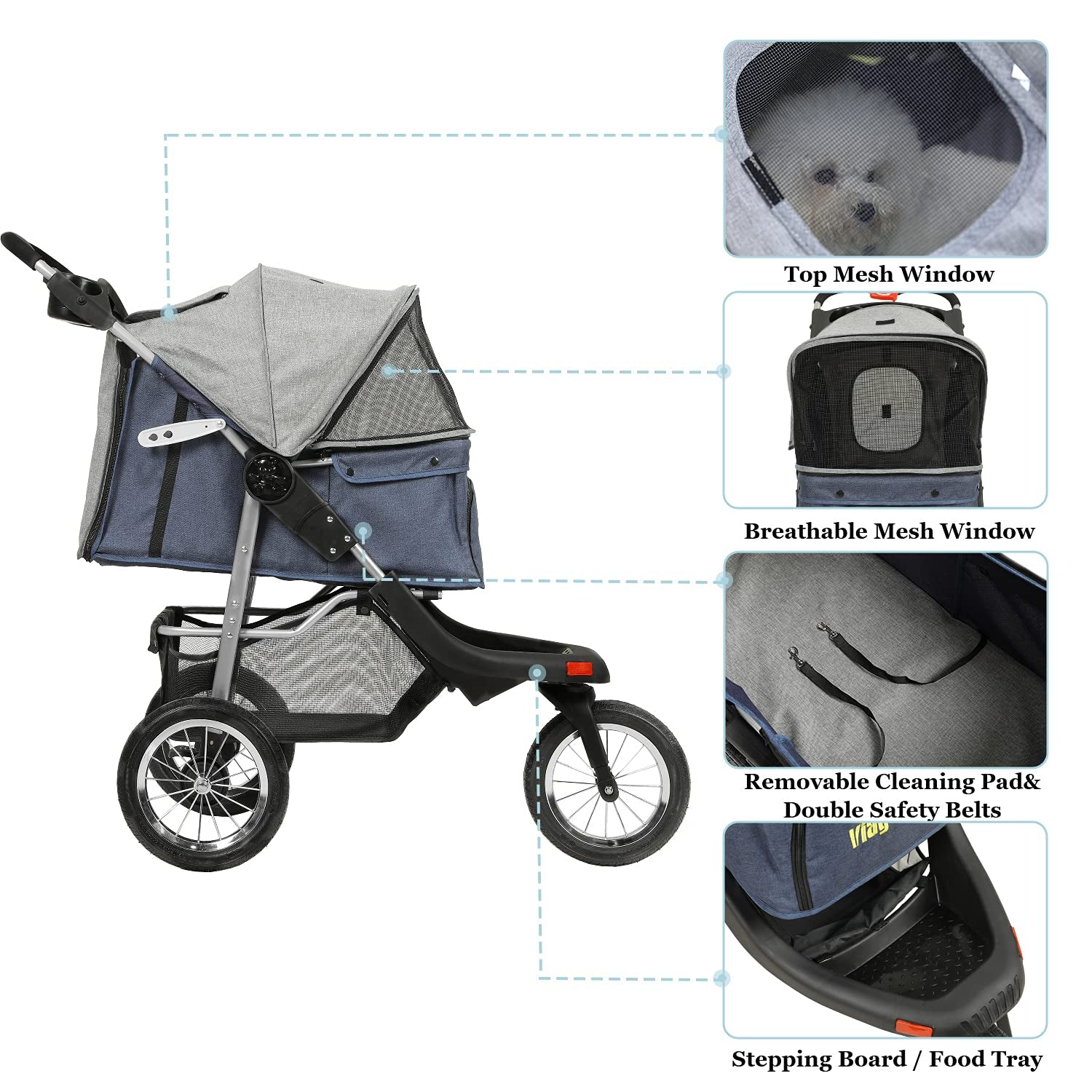 Premium Heavy Duty Dog Stroller for Small Medium Dogs & Cats, 3-Wheel Pet Strollers, Foldable Cat Stroller with Suspension System/Link Brake/One-Hand Fold, Max. Loading 55 LBS