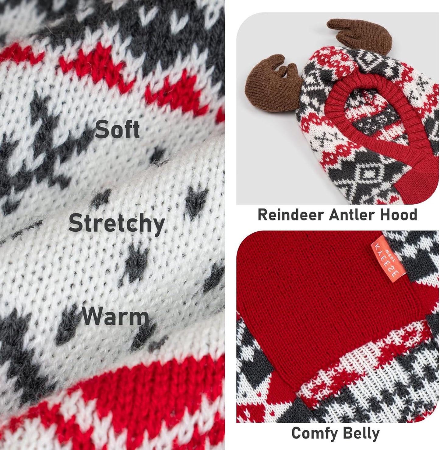 Dog Christmas Sweater, Warm Dog Sweater for Small Dogs Boy Girl with Reindeer Antler Hood, Warm Knit Winter Outfit with Leash Hole, Comfortable Pet Clothes for Holiday, Medium