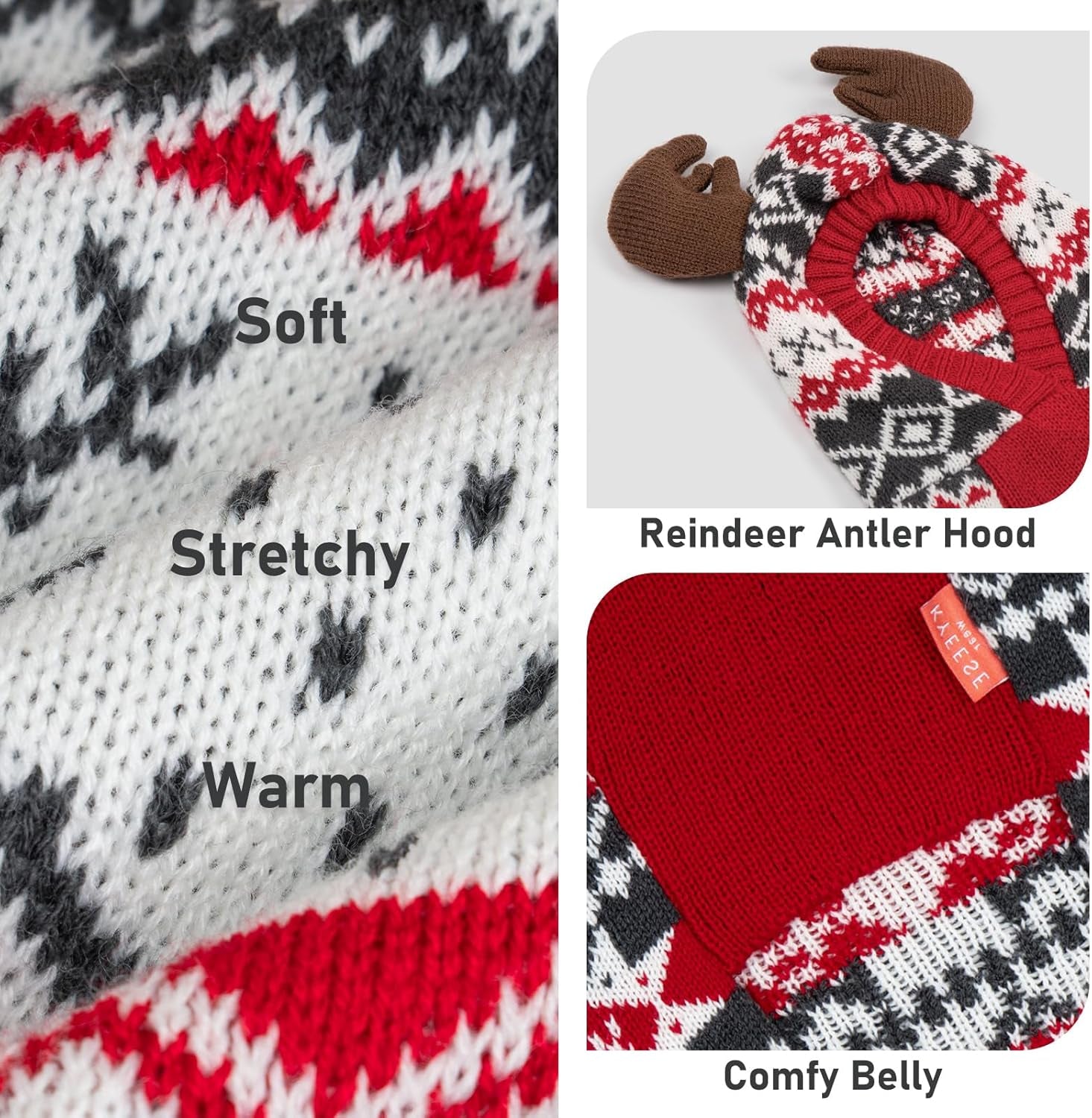 Dog Christmas Sweater, Warm Dog Sweater for Small Dogs Boy Girl with Reindeer Antler Hood, Warm Knit Winter Outfit with Leash Hole, Comfortable Pet Clothes for Holiday, Medium