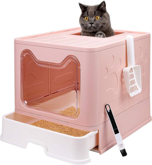 Foldable Cat Litter Box with Lid, Enclosed Potty, Large Top Entry Anti-Splashing Toilet, Easy to Clean Including Litter Scoop and 2-In-1 Cleaning Brush (Pink)