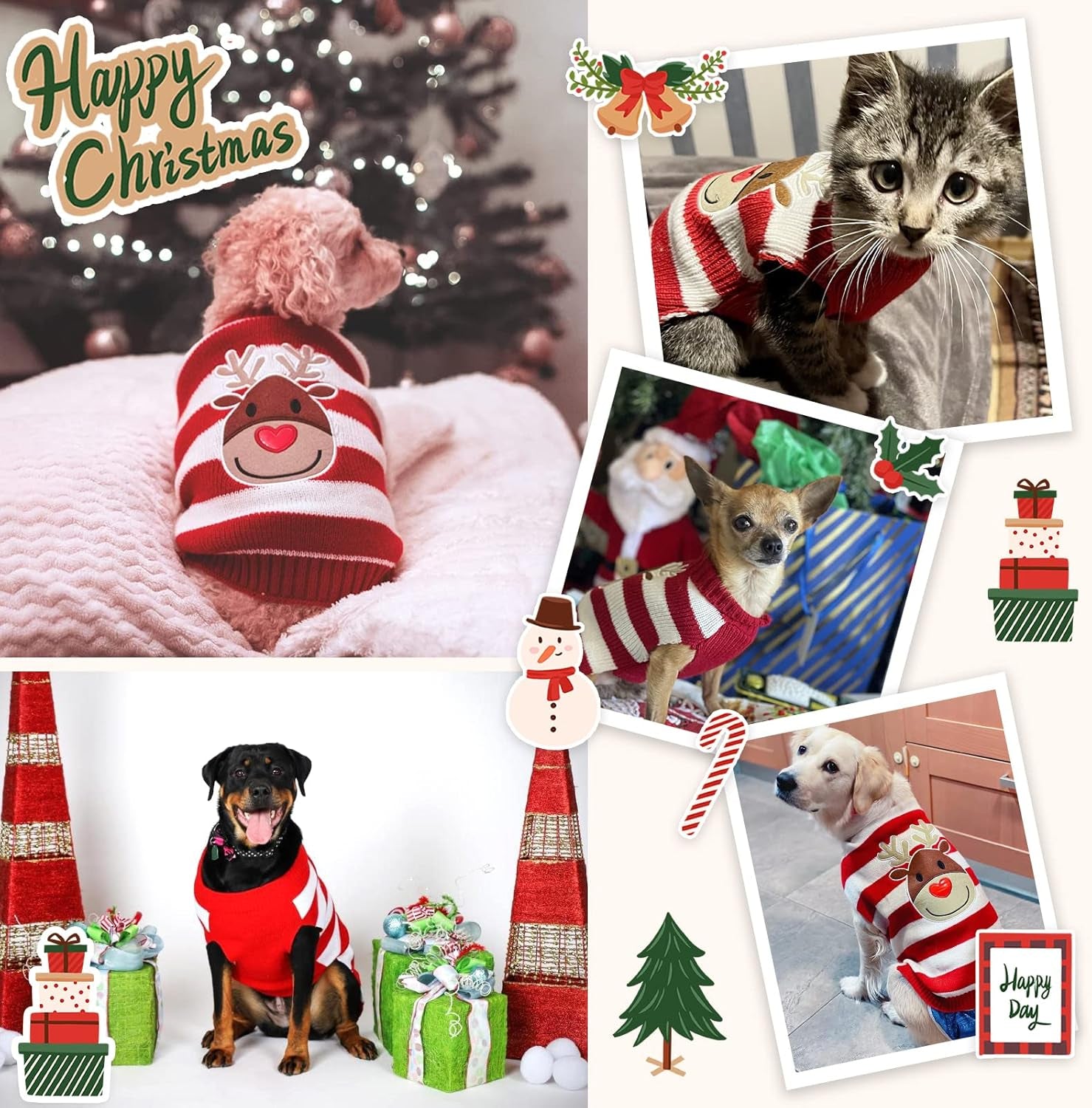 Dog Christmas Sweater Cute Striped Reindeer Xmas Pet Clothes Holiday Puppy Cat Costume New Year Gifts for Small Medium Large Dogs Jumpers (XS, Red White Stripe Reindeer)