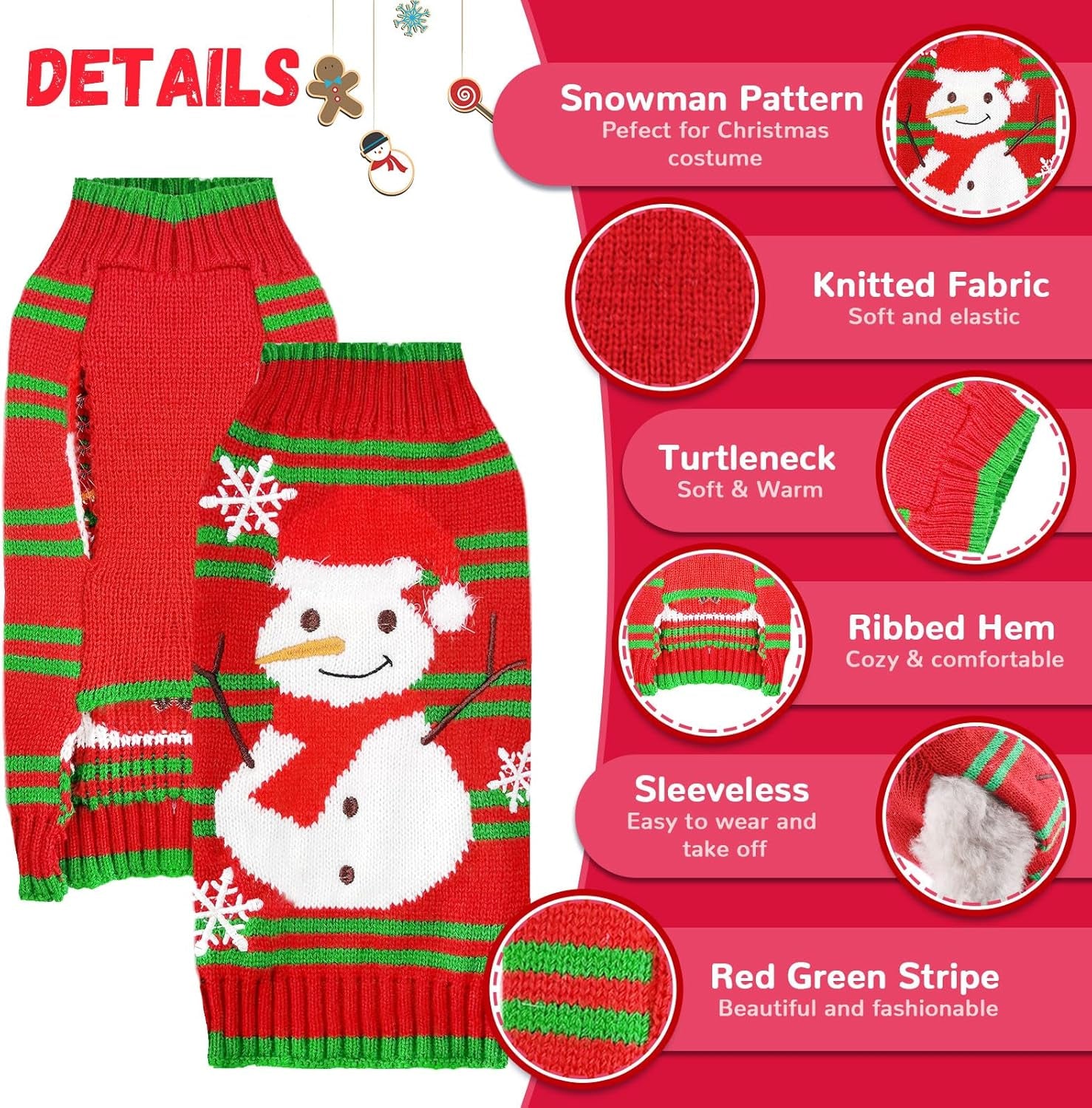 Dog Christmas Sweater Cute Snowman Puppy Cat Costume Boy Girls Xmas Holiday Pet Clothes New Year Outfits Gifts for Small Medium Large Dogs (XXS, Red Green Stripe Snowman)
