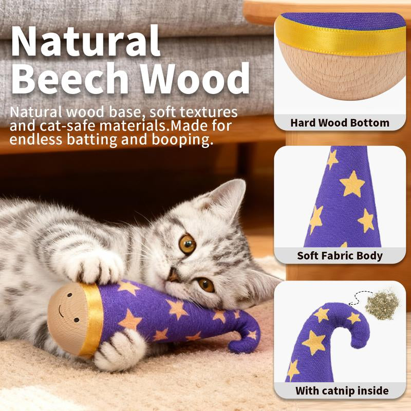 Lulus Self-Balancing Wobble Toy 1Pcs Cats Scratch-Resistant and Bite-Resistant Natural Wood Built-In Catnip Feather on Top Interactive Kitty Toys