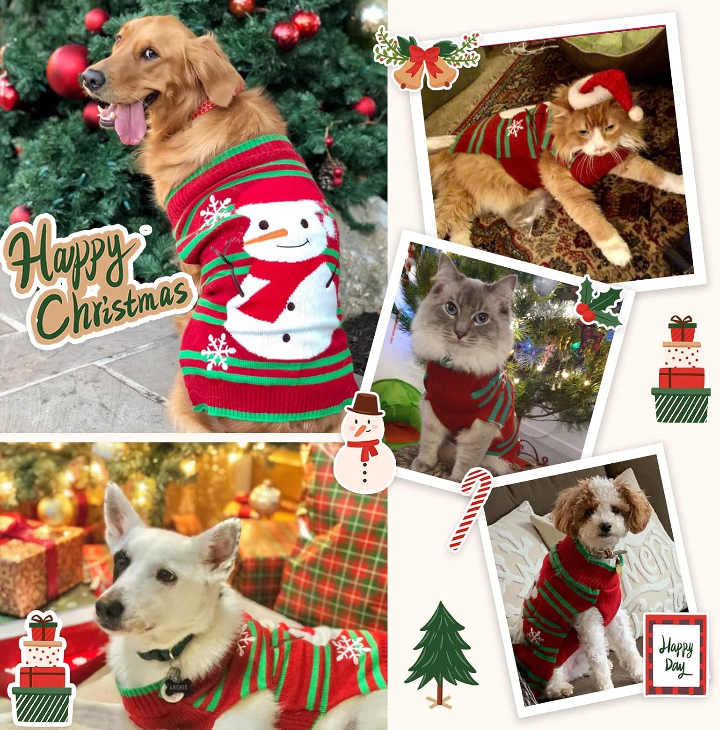 Dog Christmas Sweater Cute Snowman Puppy Cat Costume Boy Girls Xmas Holiday Pet Clothes New Year Outfits Gifts for Small Medium Large Dogs (XXS, Red Green Stripe Snowman)